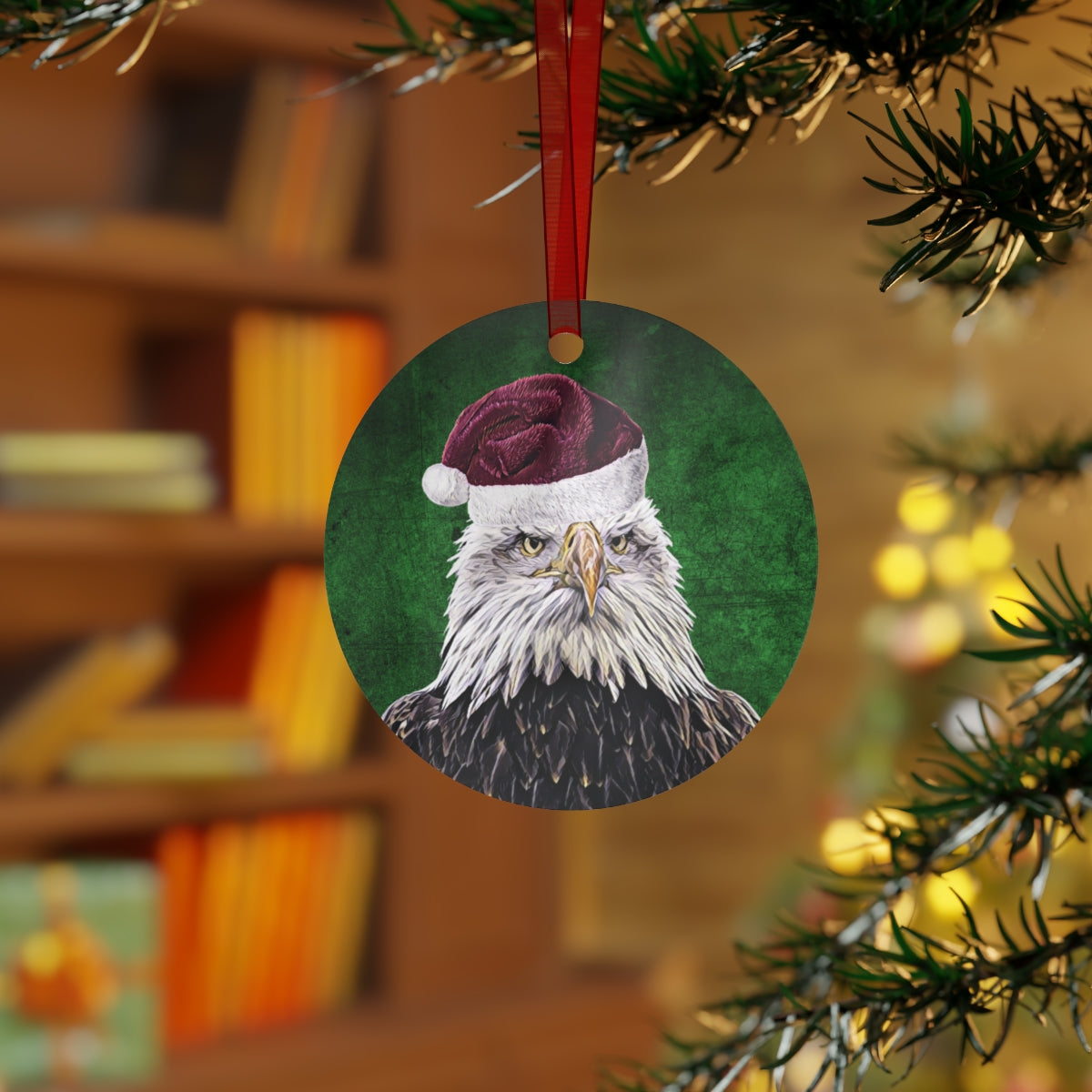 Holiday Bald Eagle with Santa Hat Metal Ornaments