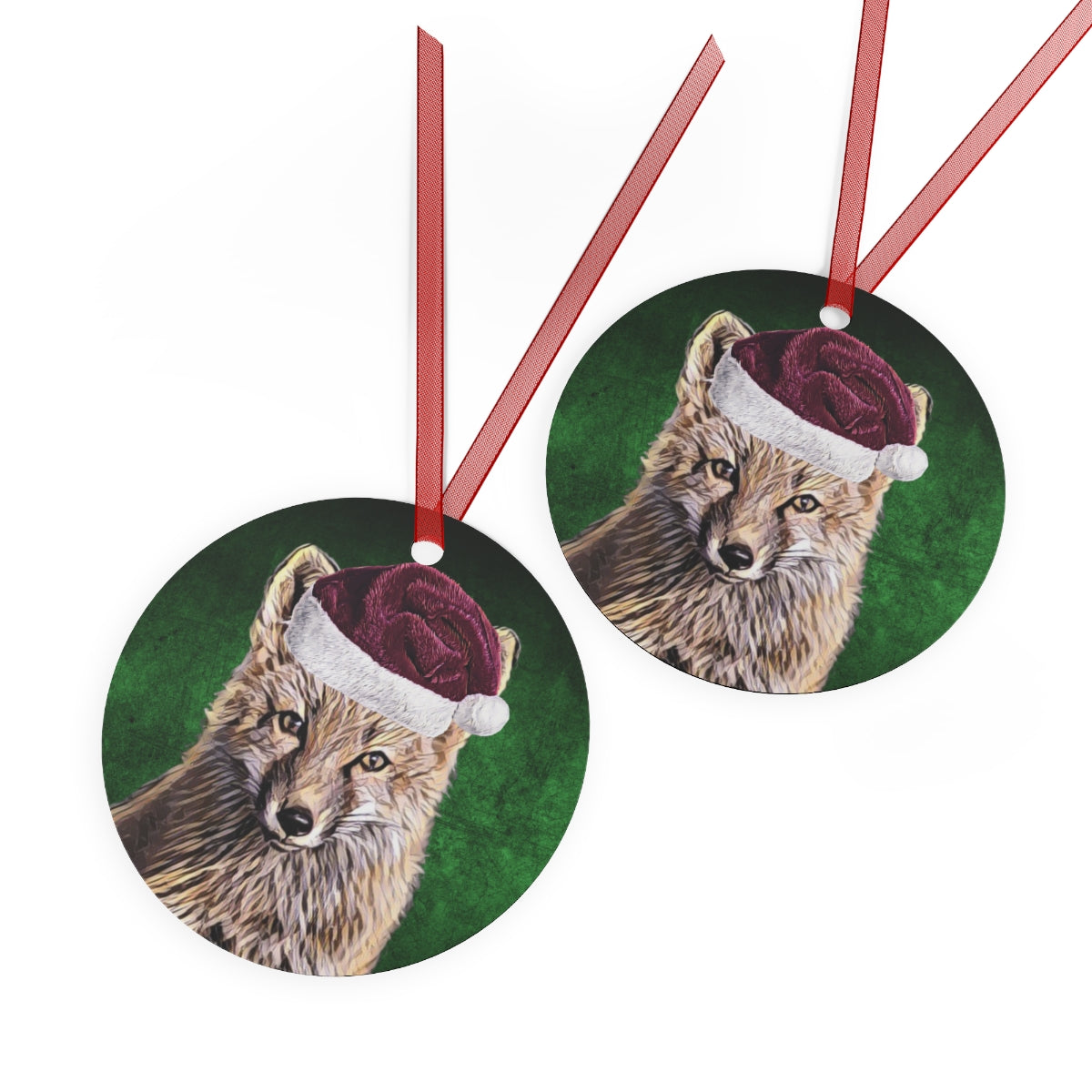 Holiday Fox with Santa Hat Metal Ornaments