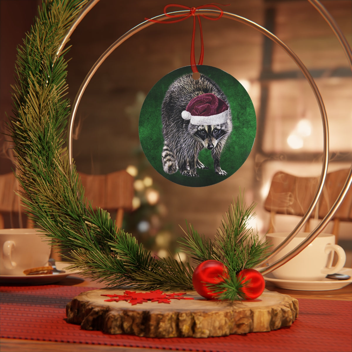 Holiday Raccoon with Santa Hat Metal Ornaments