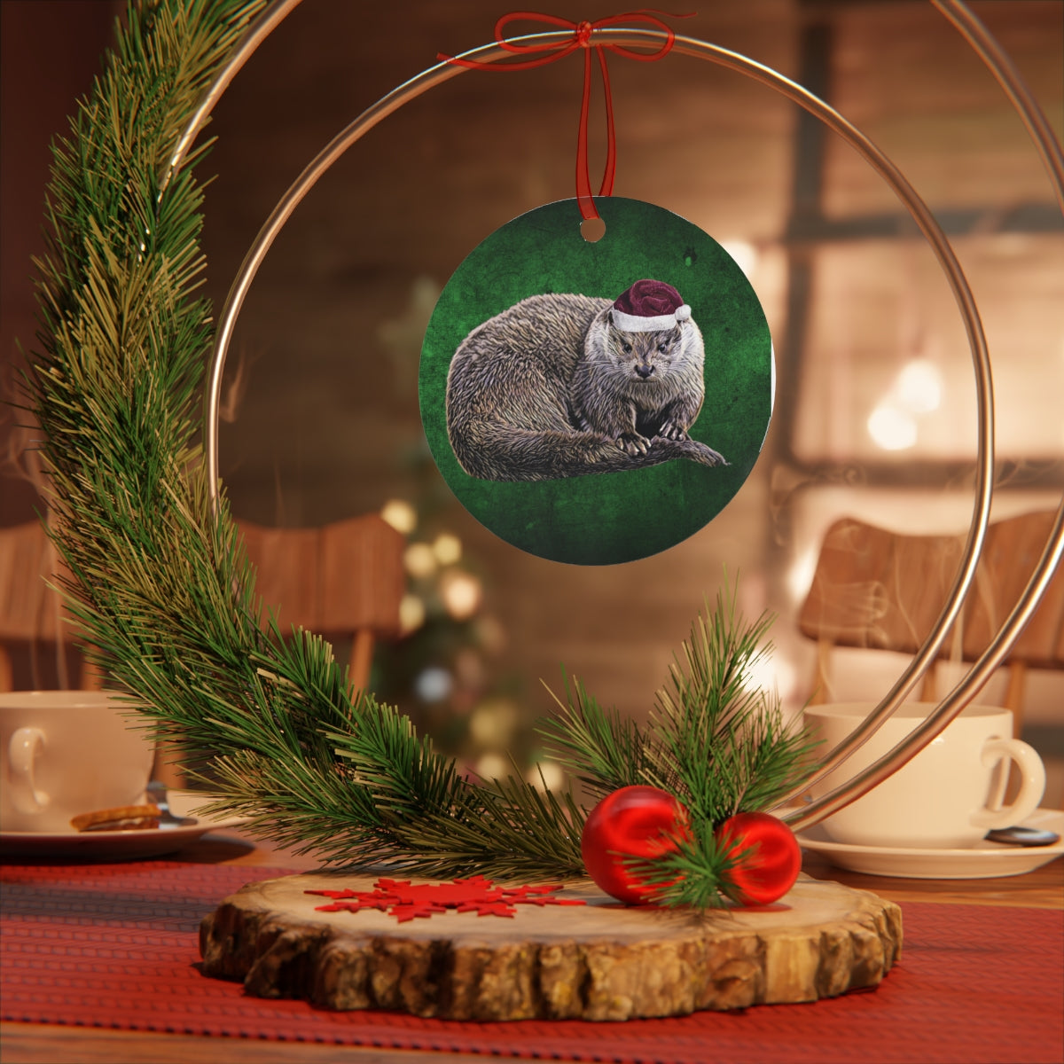 Holiday River Otter with Santa Hat Metal Ornaments