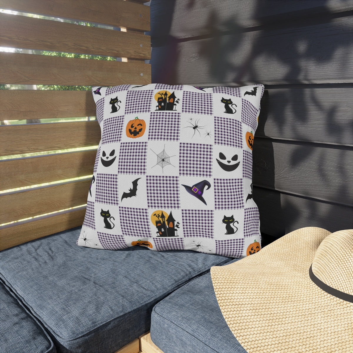 Halloween Purple Checked Outdoor Pillows