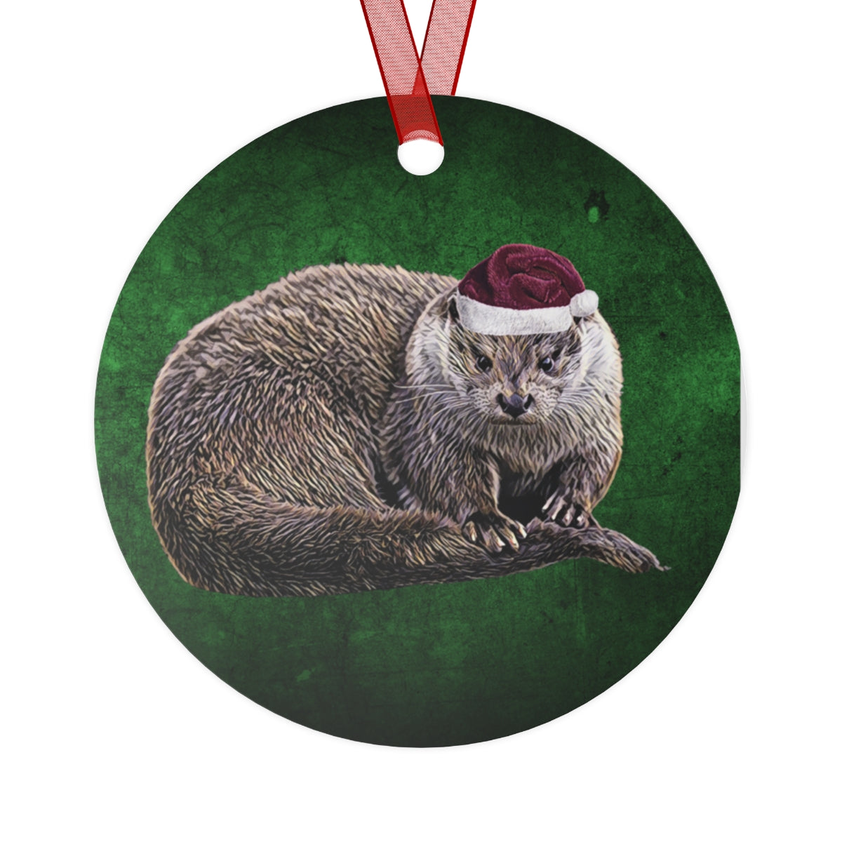 Holiday River Otter with Santa Hat Metal Ornaments