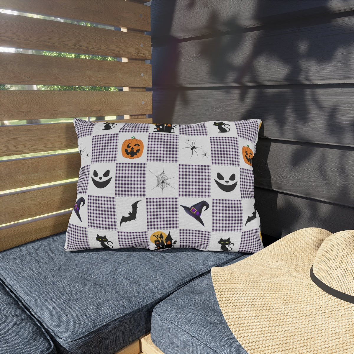 Halloween Purple Checked Outdoor Pillows