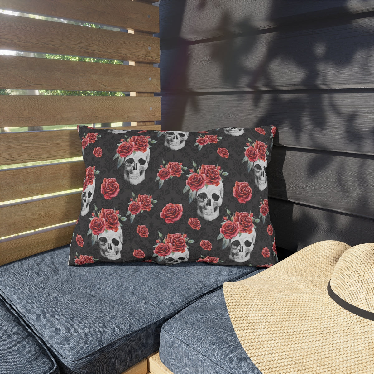 Red Rose and Skull Damask Tote Bag Outdoor Pillows