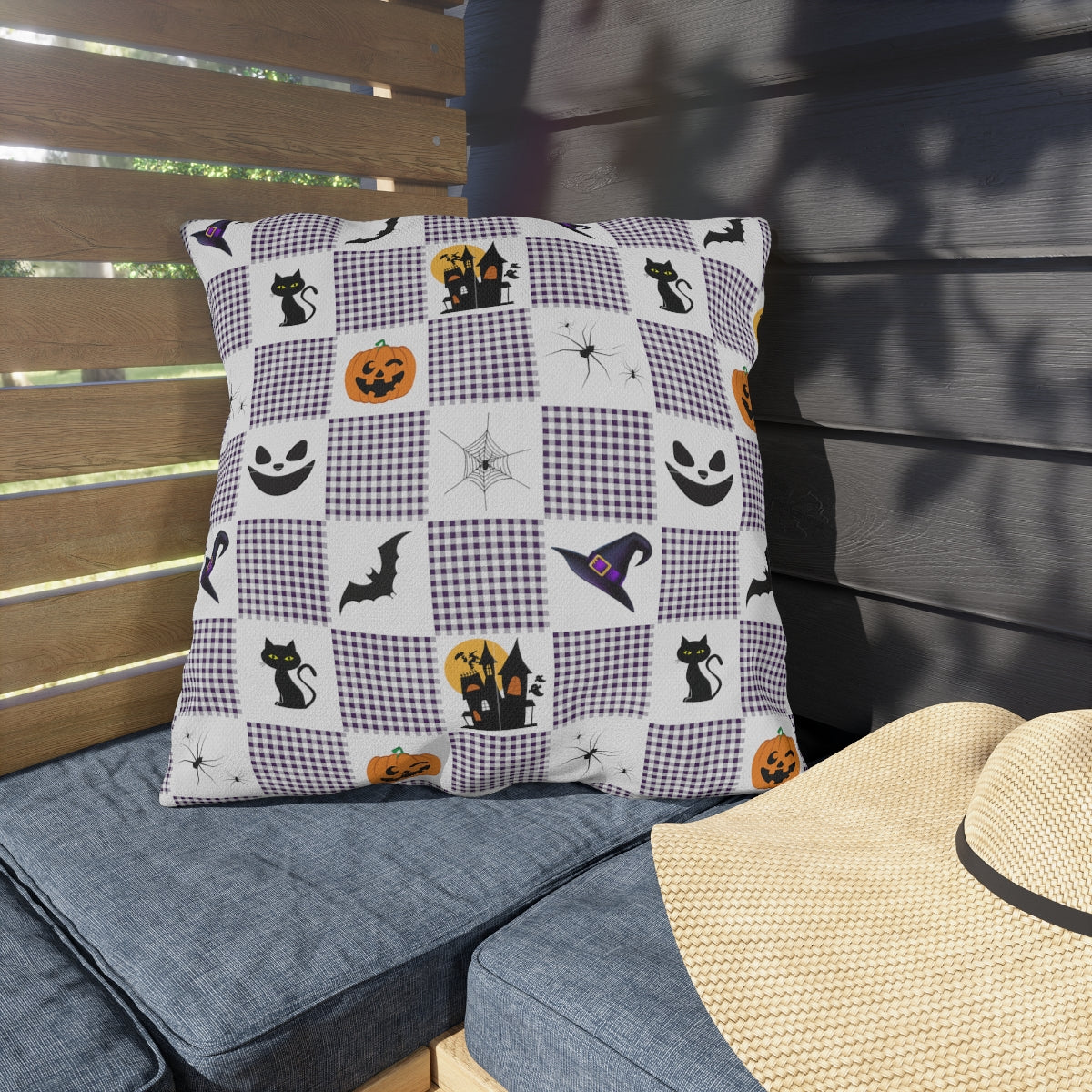 Halloween Purple Checked Outdoor Pillows