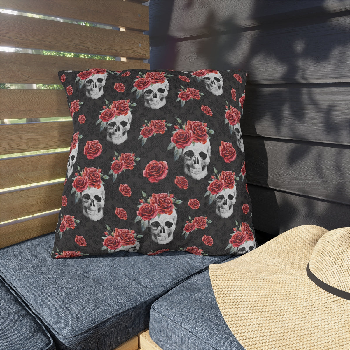 Red Rose and Skull Damask Tote Bag Outdoor Pillows