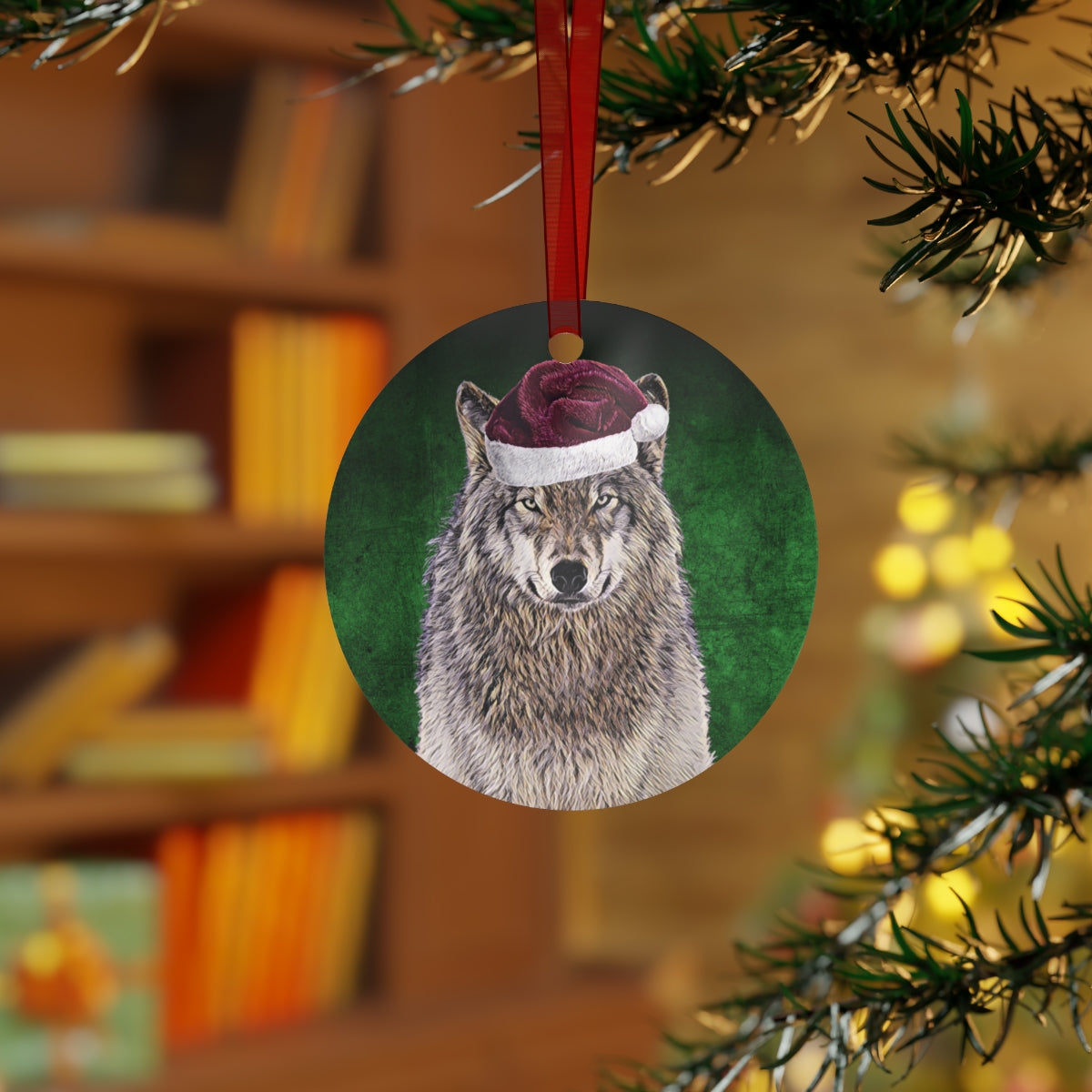 Holiday Wolf with Santa Hat Metal Ornaments