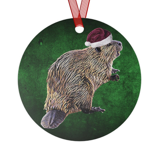 Holiday Beaver with Santa Hat Metal Ornaments