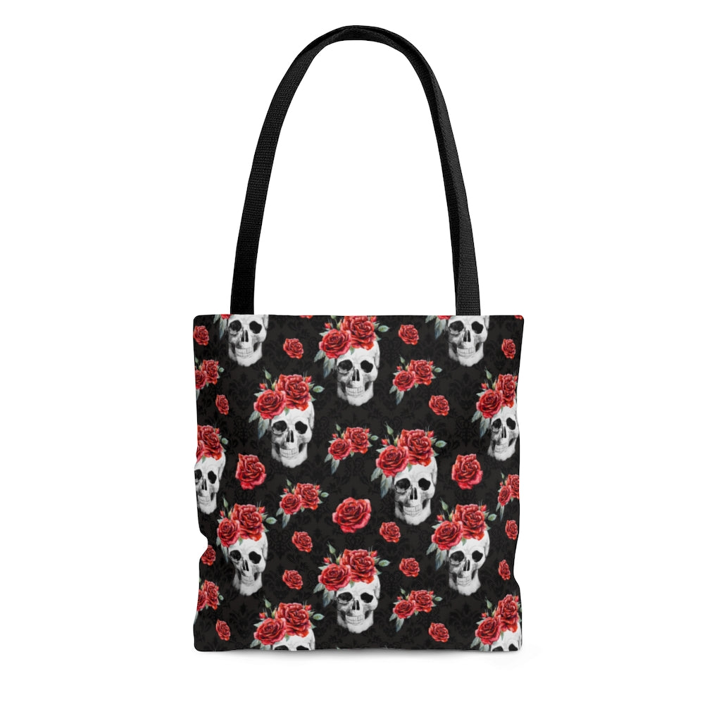 Red Rose and Skull Damask Tote Bag
