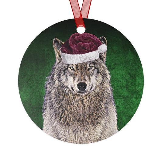 Holiday Wolf with Santa Hat Metal Ornaments