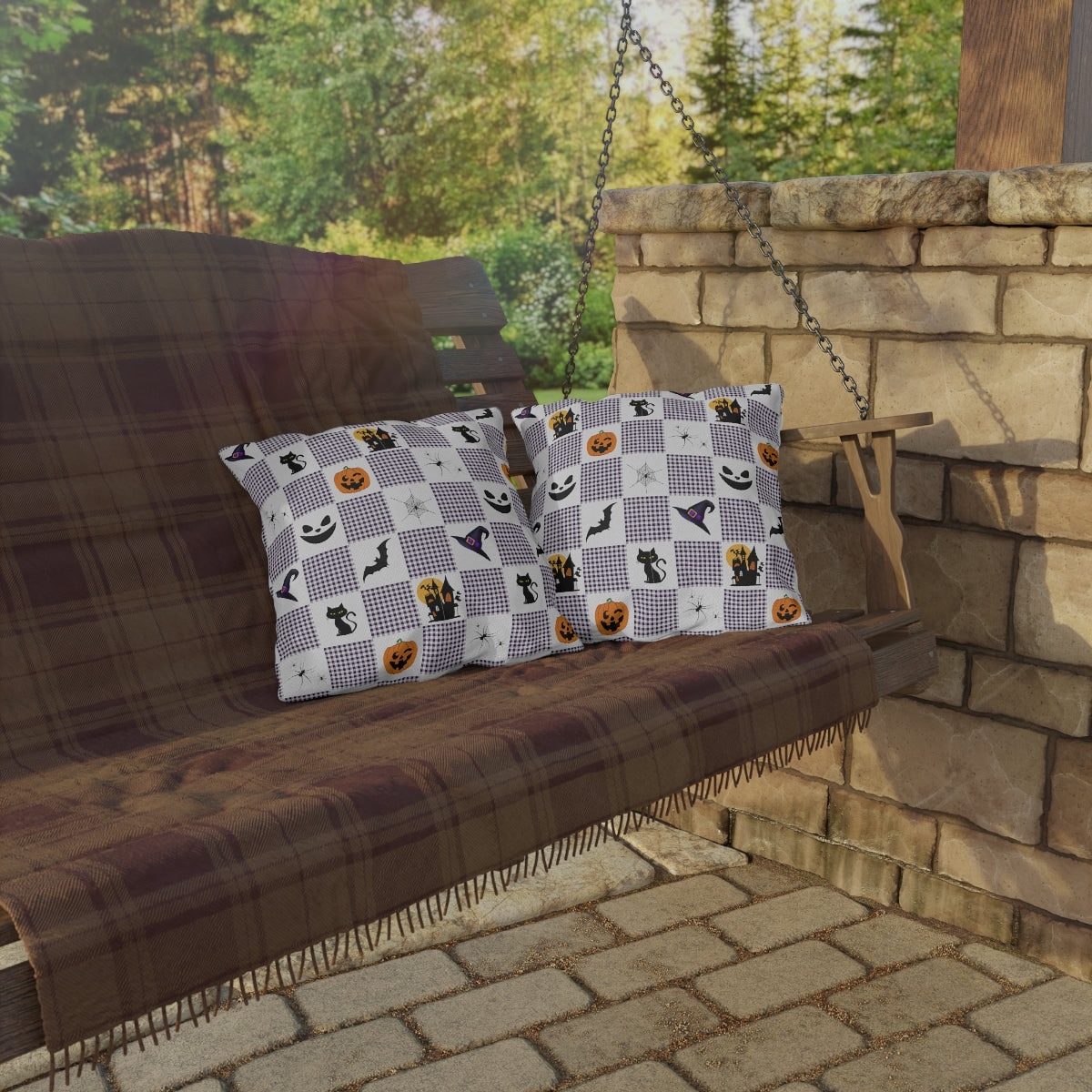 Halloween Purple Checked Outdoor Pillows