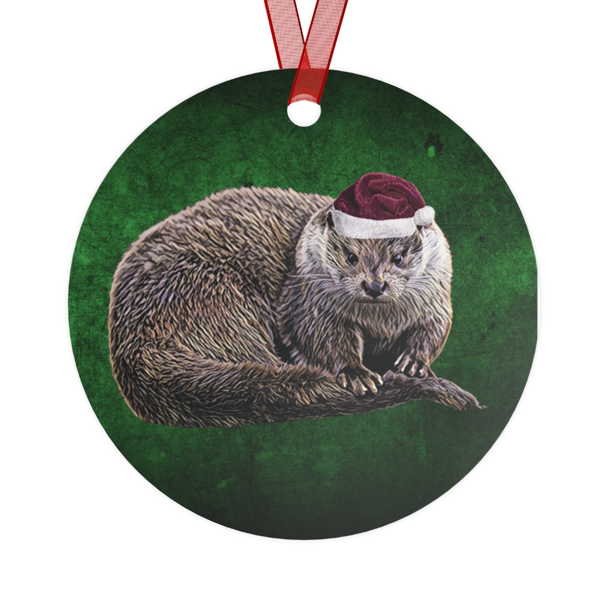 Holiday River Otter with Santa Hat Metal Ornaments