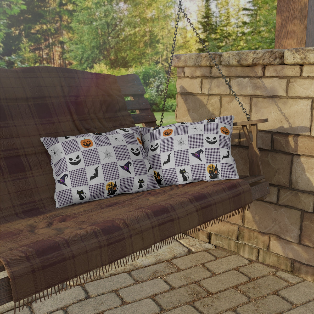 Halloween Purple Checked Outdoor Pillows