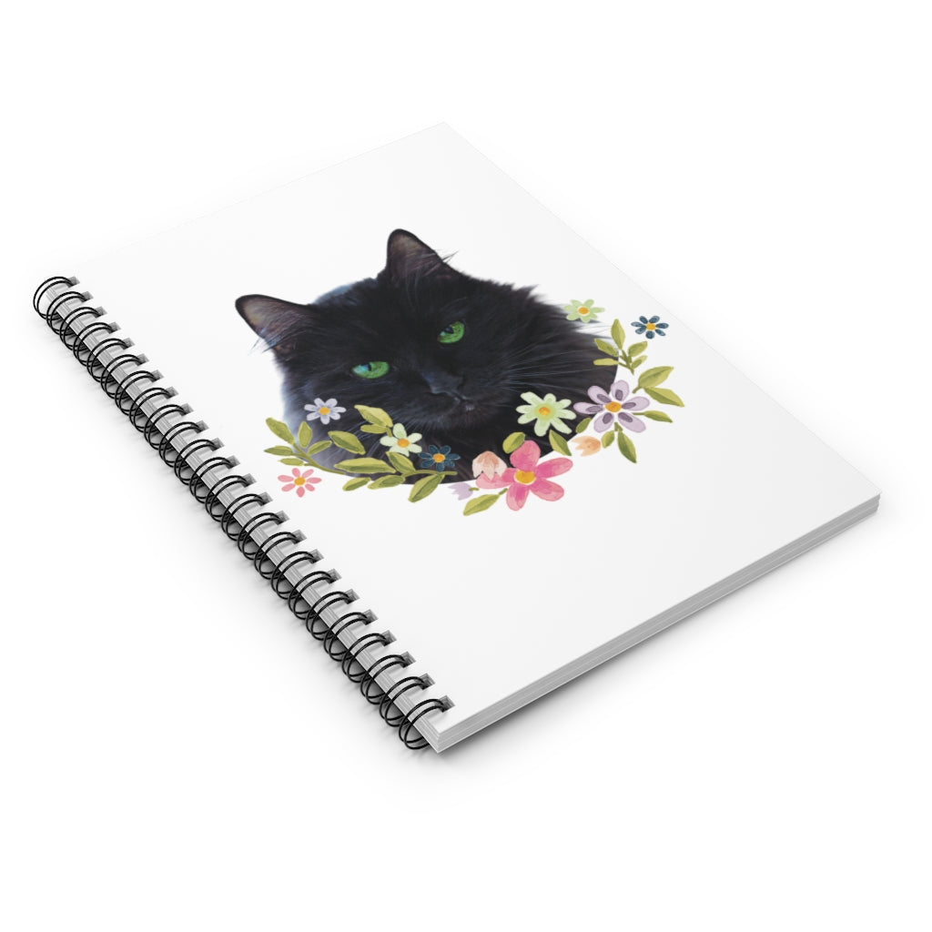 Floral Green Eyed Cat Spiral Notebook - Ruled Line