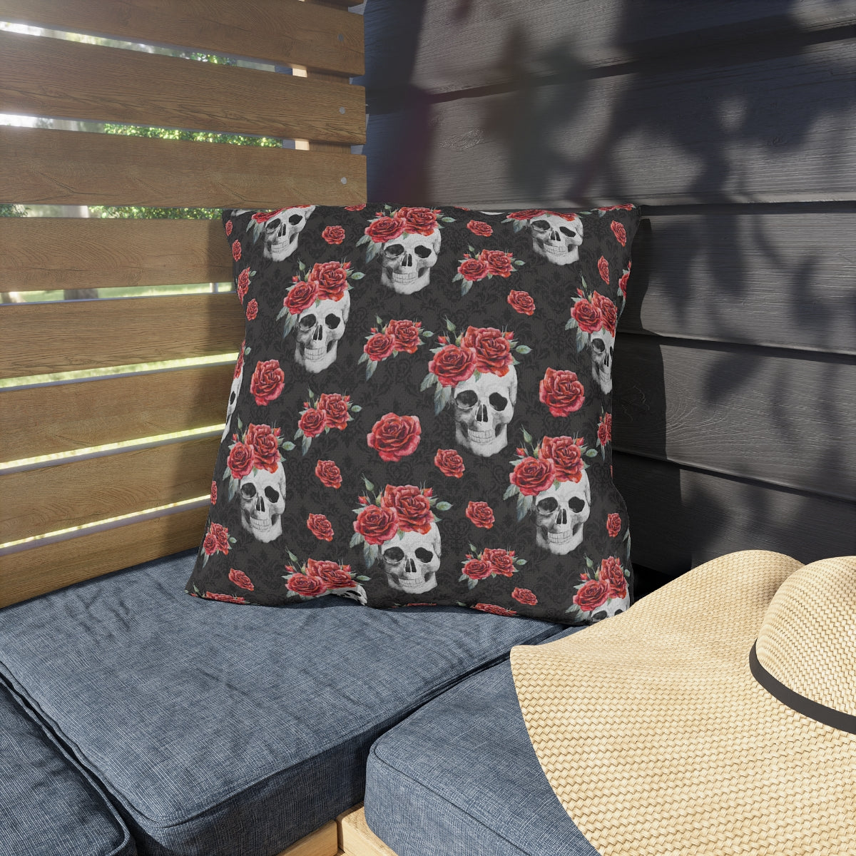 Red Rose and Skull Damask Tote Bag Outdoor Pillows