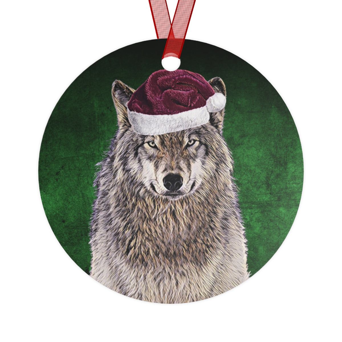 Holiday Wolf with Santa Hat Metal Ornaments