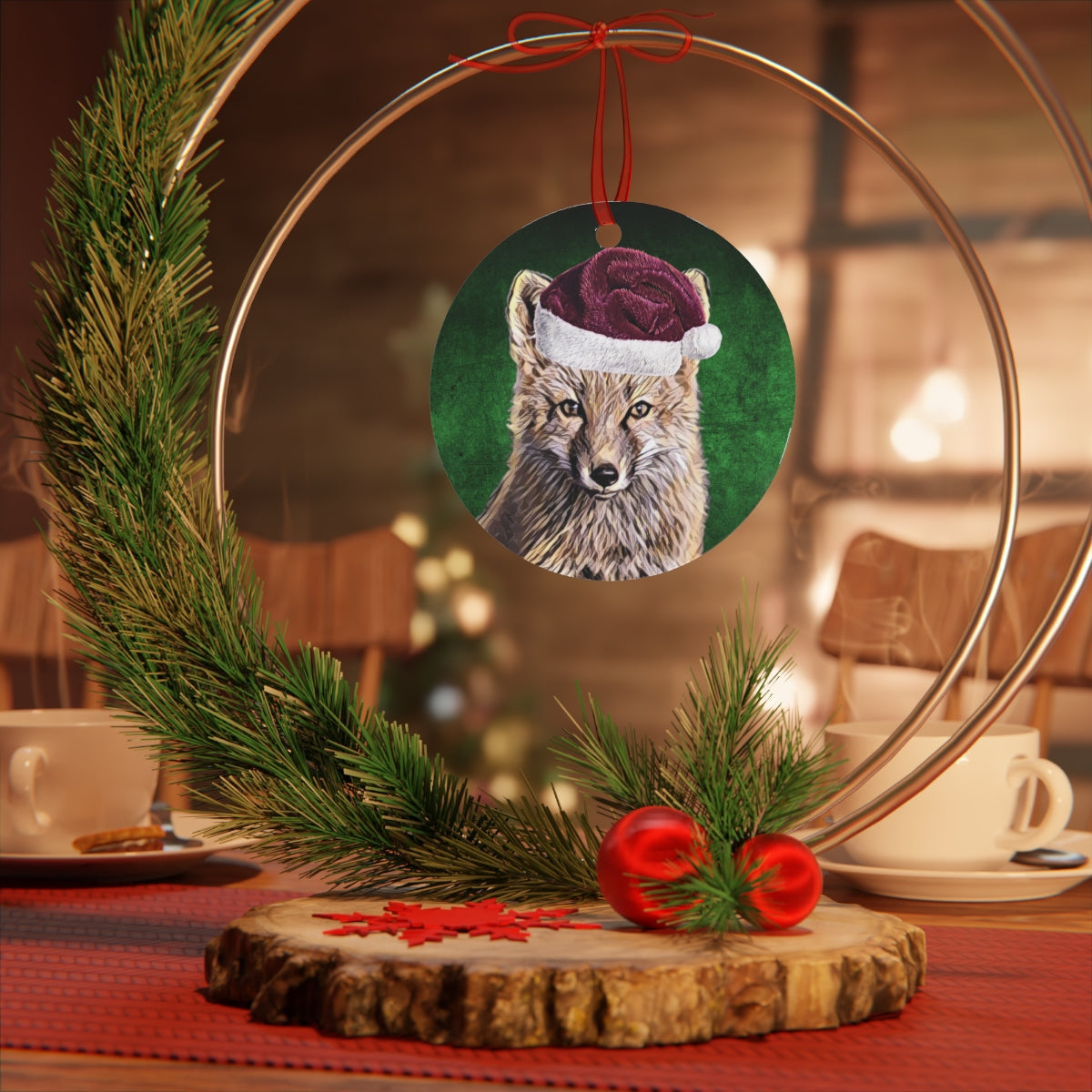 Holiday Fox with Santa Hat Metal Ornaments