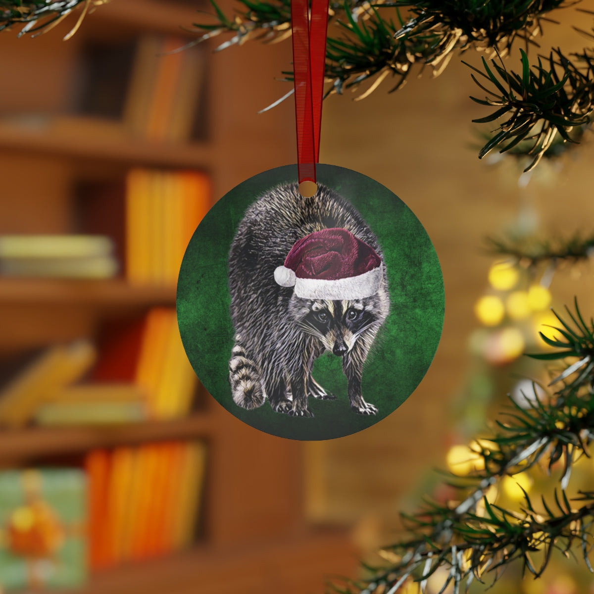 Holiday Raccoon with Santa Hat Metal Ornaments