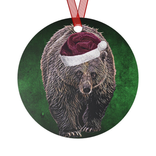 Holiday Bear with Santa Hat Metal Ornaments