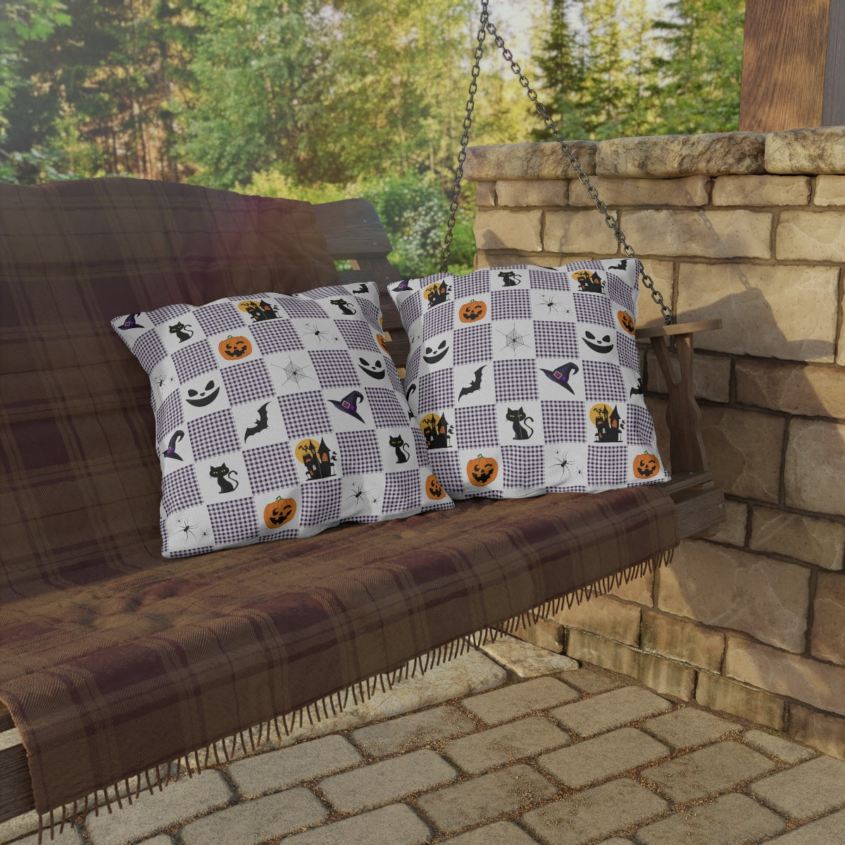 Halloween Purple Checked Outdoor Pillows