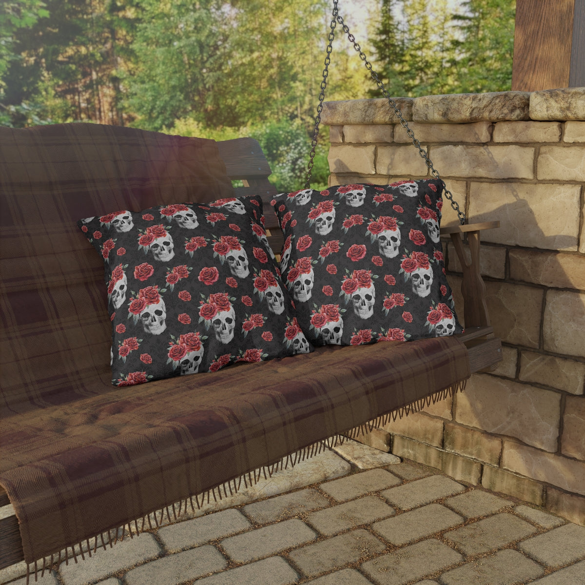 Red Rose and Skull Damask Tote Bag Outdoor Pillows