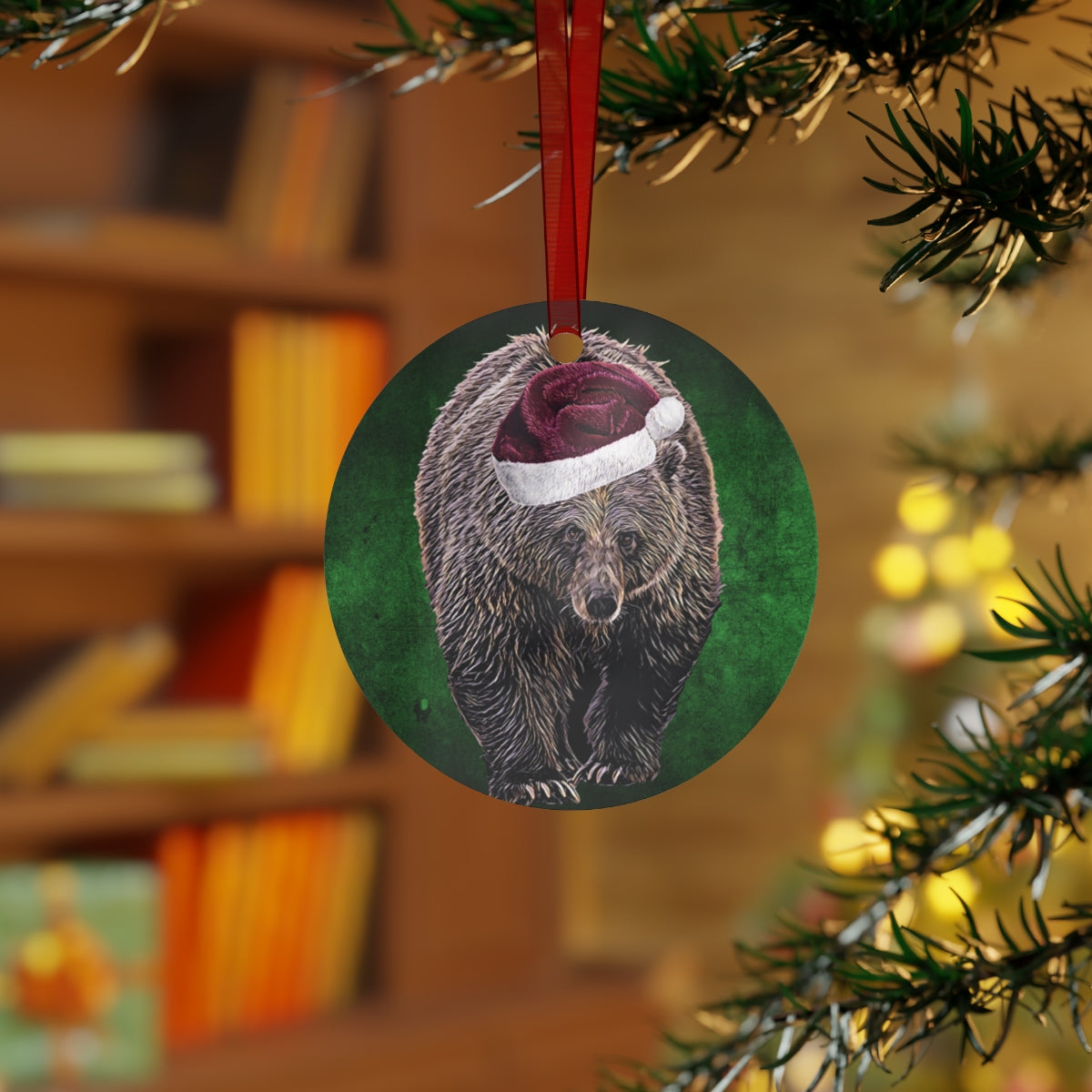 Holiday Bear with Santa Hat Metal Ornaments