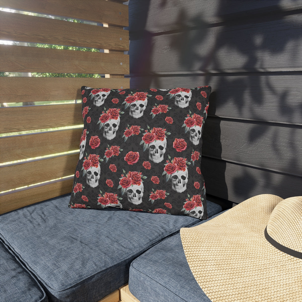 Red Rose and Skull Damask Tote Bag Outdoor Pillows