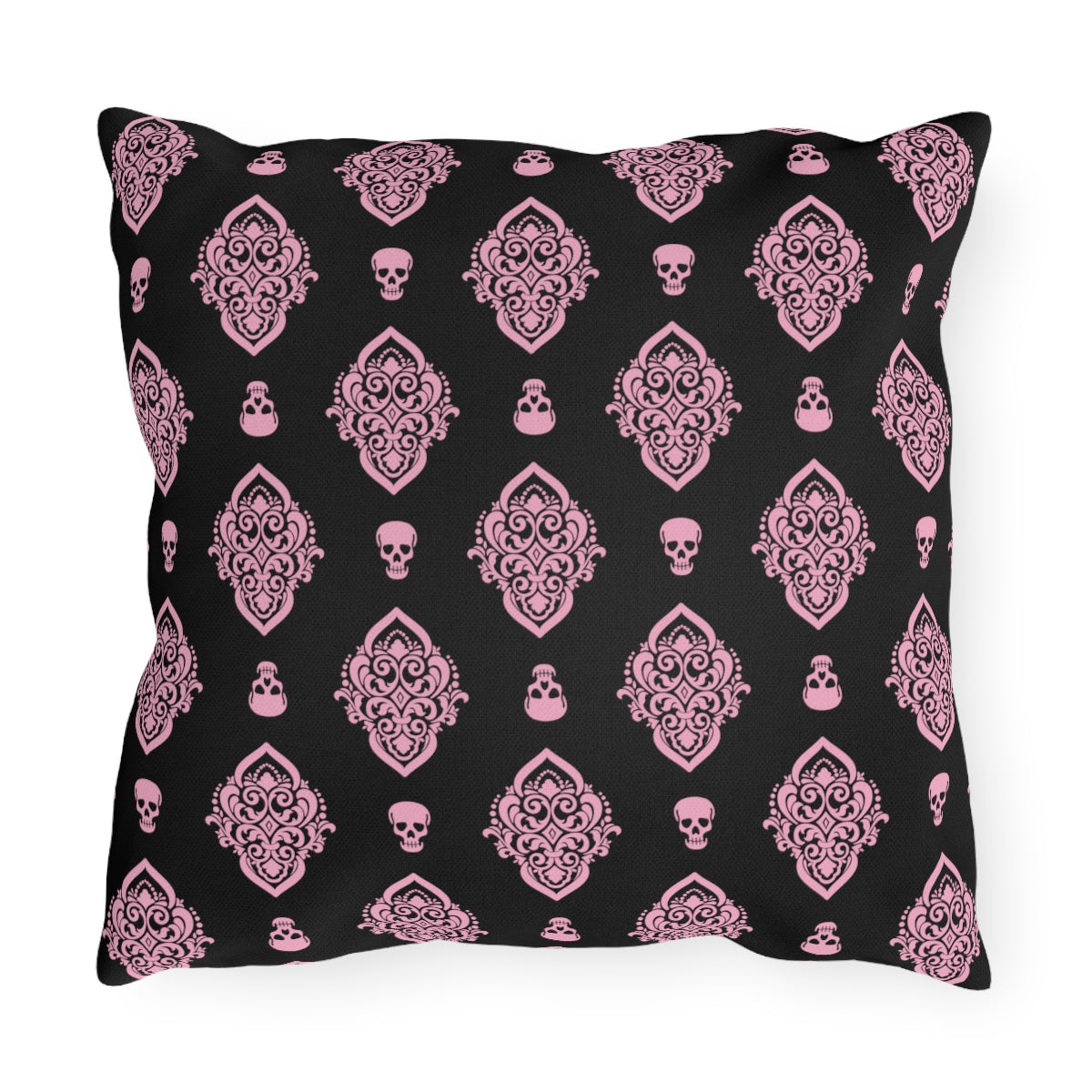 Pink and Black Skull Damask Outdoor Pillows