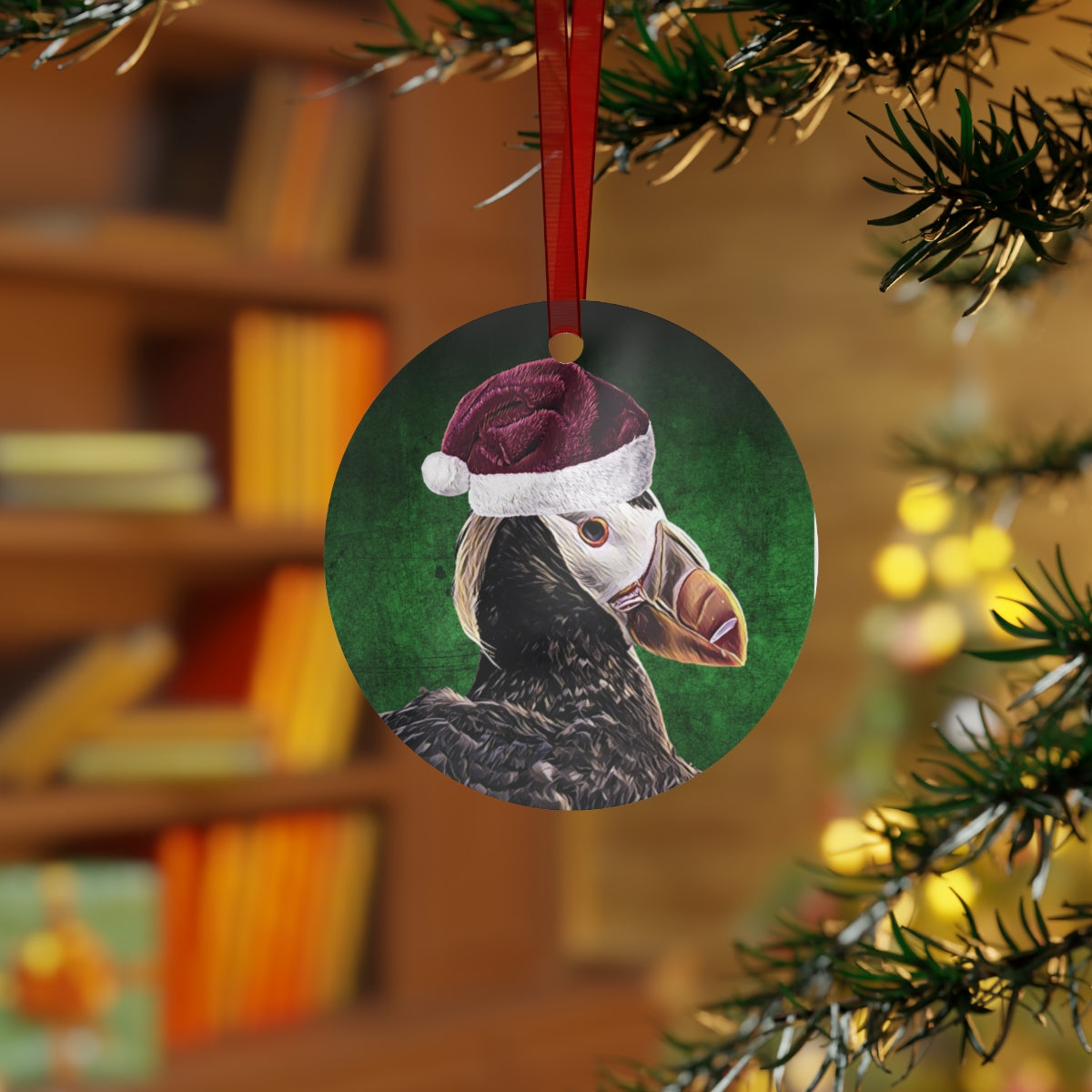 Holiday Tufted Puffin with Santa Hat Metal Ornaments