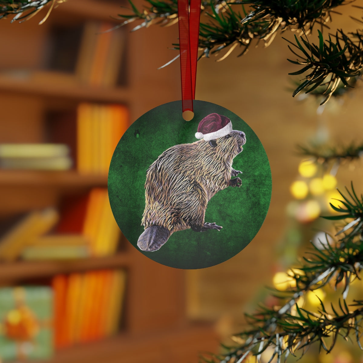 Holiday Beaver with Santa Hat Metal Ornaments
