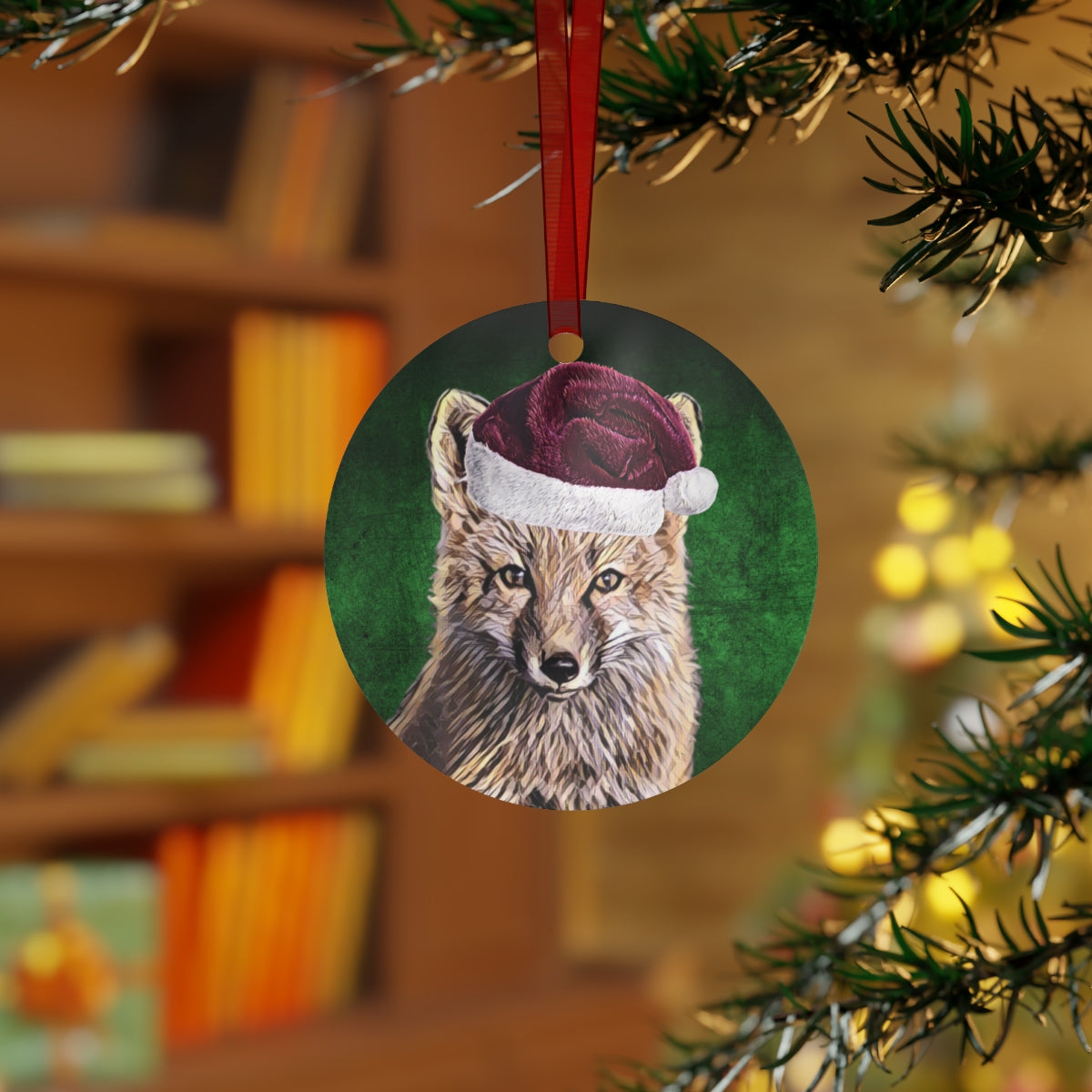 Holiday Fox with Santa Hat Metal Ornaments